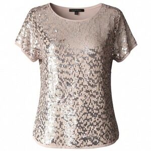 PLEIONE Peach Silver Sequin Embellished Short Sleeve Top Blouse Womens Large NWT